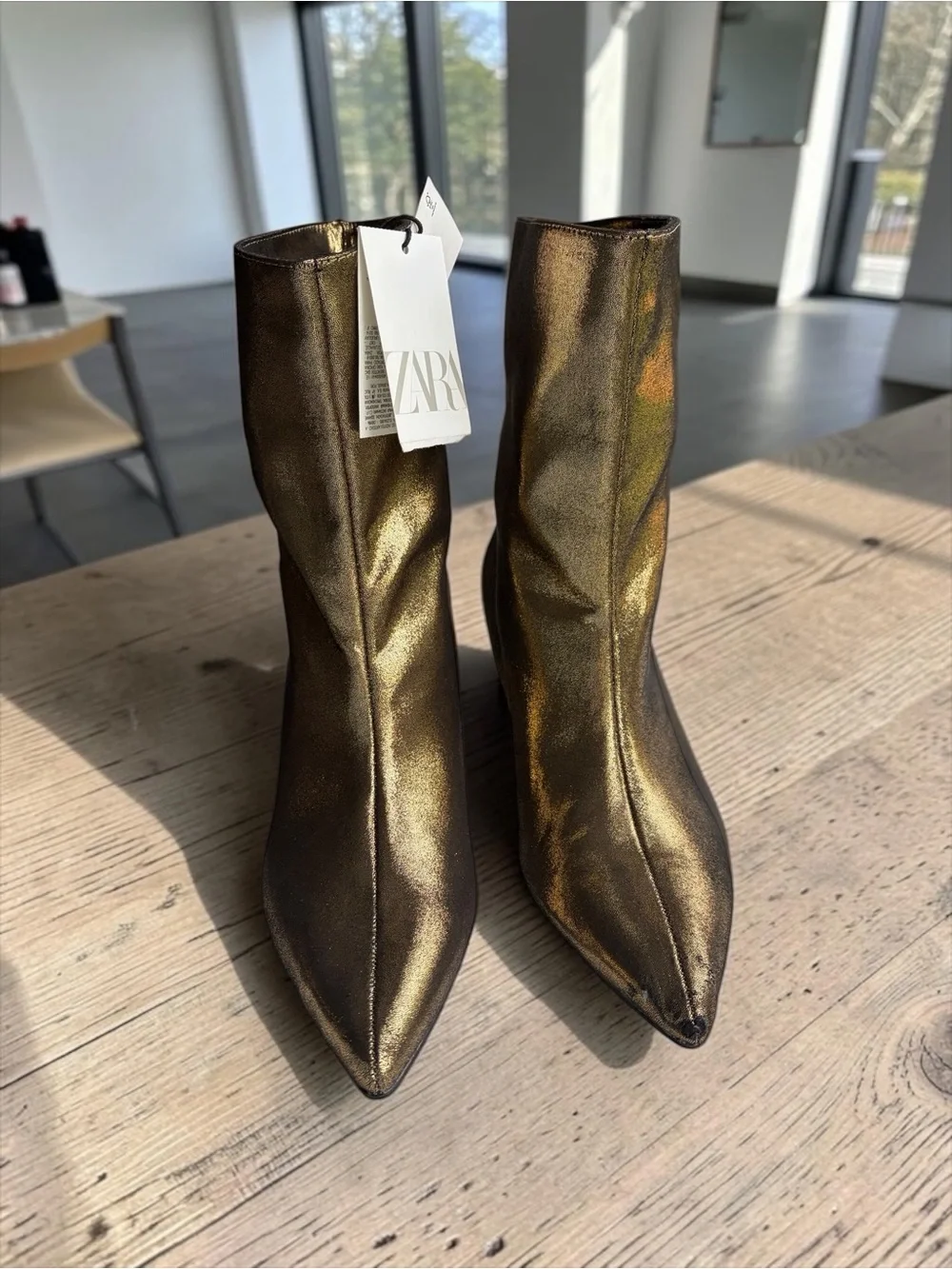 ZARA Metallic Bronze Pointed Ankle Boots Booties